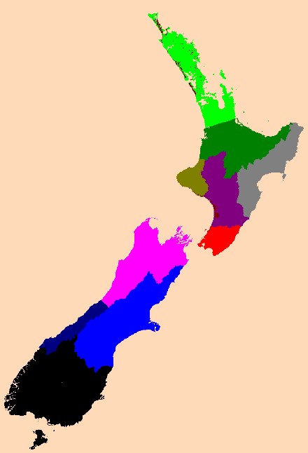 A map of New Zealand displaying the different growth modelling regions in different colours