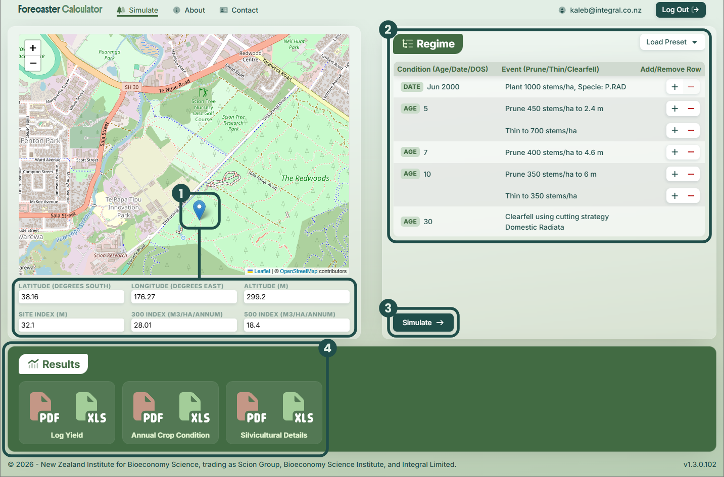 A screenshot of the simulate page highlighting each area with the respective step number.